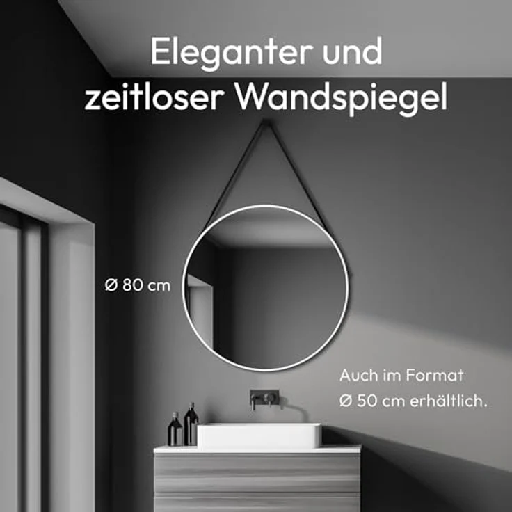 Talos White Style runder Wandspiegel Ø 80 cm, matt weißer Aluminiumrahmen, Badezimmerspiegel mit Aufhängeband, modernes Design für Badezimmer und Wohnung – Bild 3