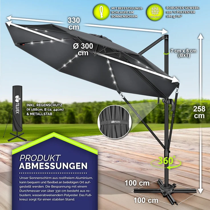 tillvex® Premium Alu Sonnenschirm 330 cm Anthrazit + Abdeckung & Windsicherung | Ampelschirm 6-Fach Verstellbar mit Kurbel | Gartenschirm 360° Drehbar Neigbar Kippbar | Kurbelschirm UV50+ Groß wasserdicht – Bild 5
