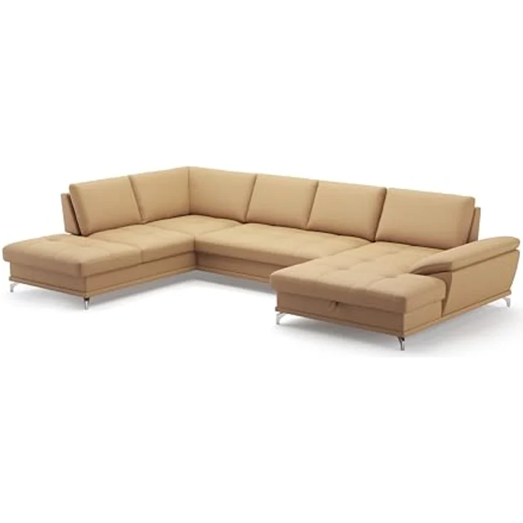 Cavadore Wohnlandschaft Castiel mit Federkern / Sofalandschaft mit großem Longchair, Sitztiefenverstellung und satinierten Metallfüßen / 363 x 89 x 223 / Echtleder, Beige – Bild 2