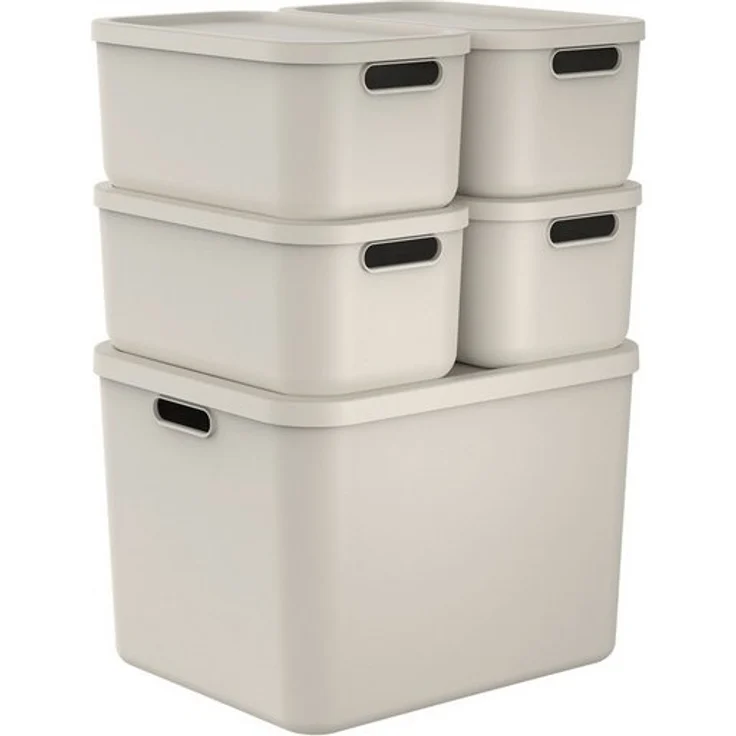 ROTHO Stapelbox Albula Light Set 5tlg. 4x 12l und 55l Aufbewahrungsboxen mit Deckel (5-teilig, Boxen-Set), Kisten stapelbar und mit Grifföffnungen – Bild 4