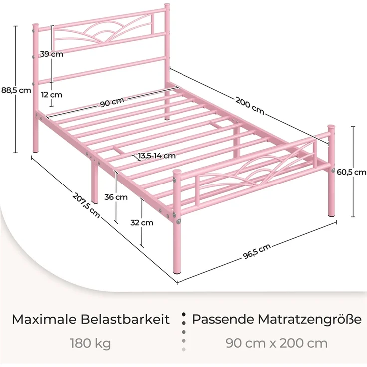 Yaheetech Metallbett mit Lattenrost, Wolkenmuster, Hellrosa, 90x200 cm – Bild 4