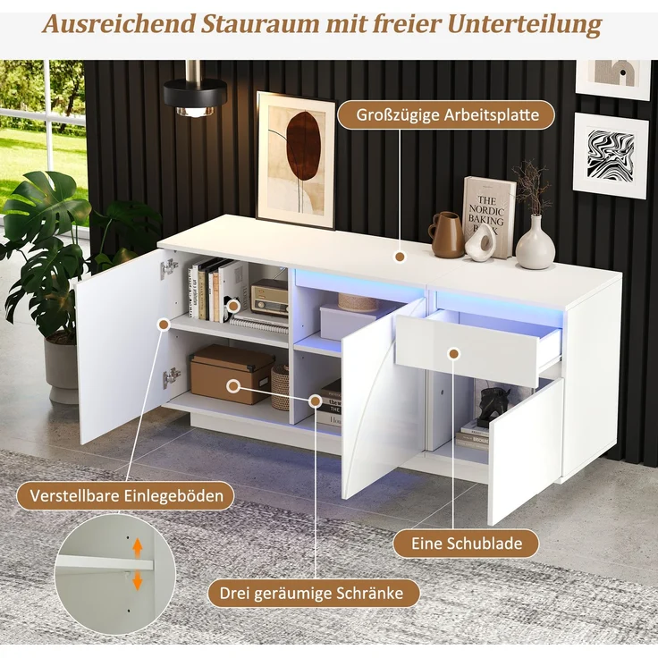 Sideboard 140 cm mit LED, Weiß Hochglanz, moderner Aufbewahrungsschrank mit 3 Türen, 1 Schublade & verstellbaren Regalen – Bild 7