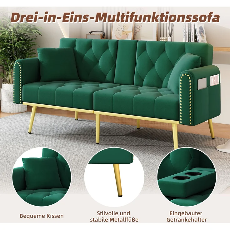 Merax Schlafsofa 2-Sitzer-Sofa mit Liegefunktion, drei verstellbaren Neigungswinkeln und Getränkehalter, Grün – Bild 3