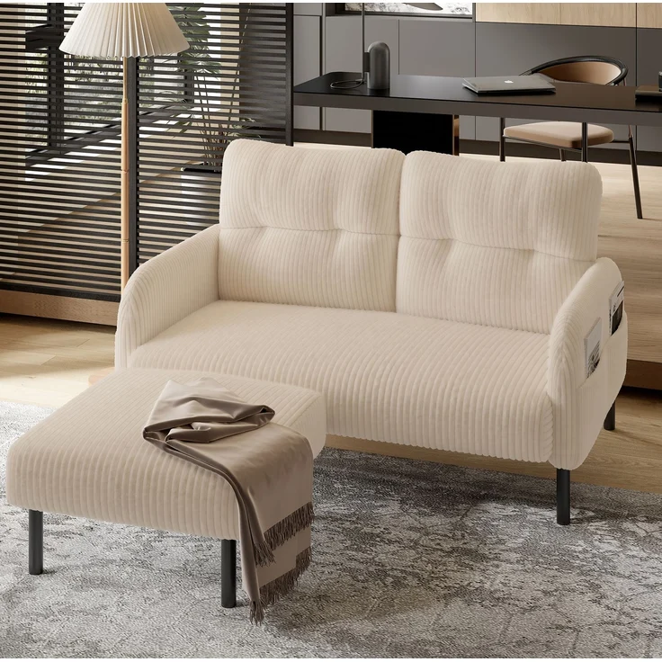 DESVIAE Hocker mit Cordbezug und Metallgestell 56x51x39 cm Beige – Bild 3