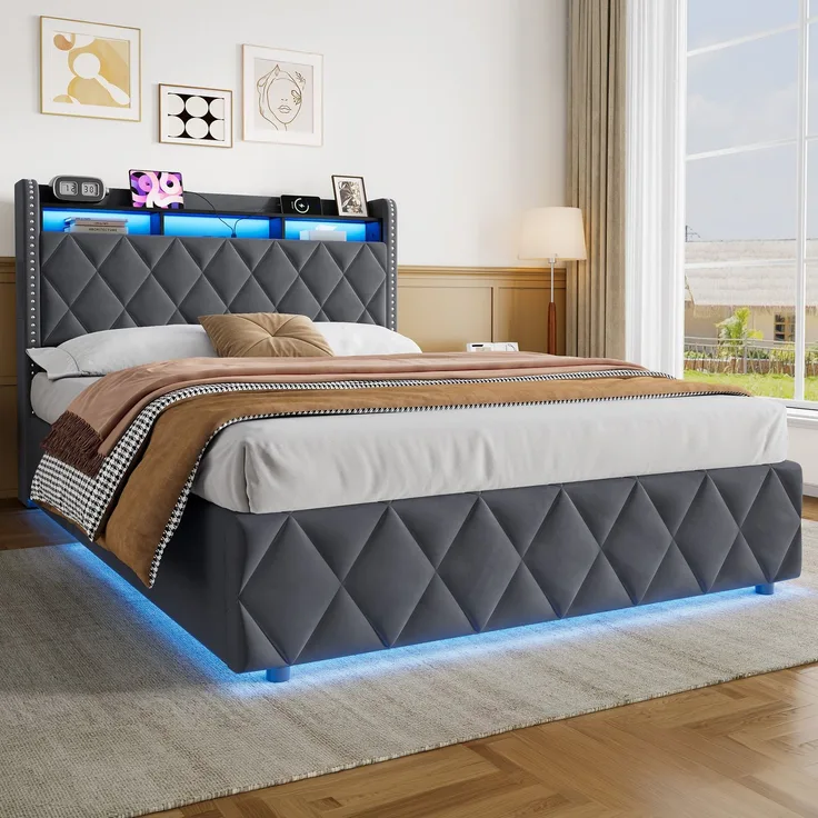 Polsterbett 140x200 cm mit Stauraum, LED und USB-Anschlüssen, Dunkelgrau – Ohne Matratze