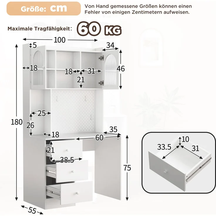 Schreibtisch mit Regal, Vitrine & Pinnwand, 100x55x180 cm, Weiß – Bild 4