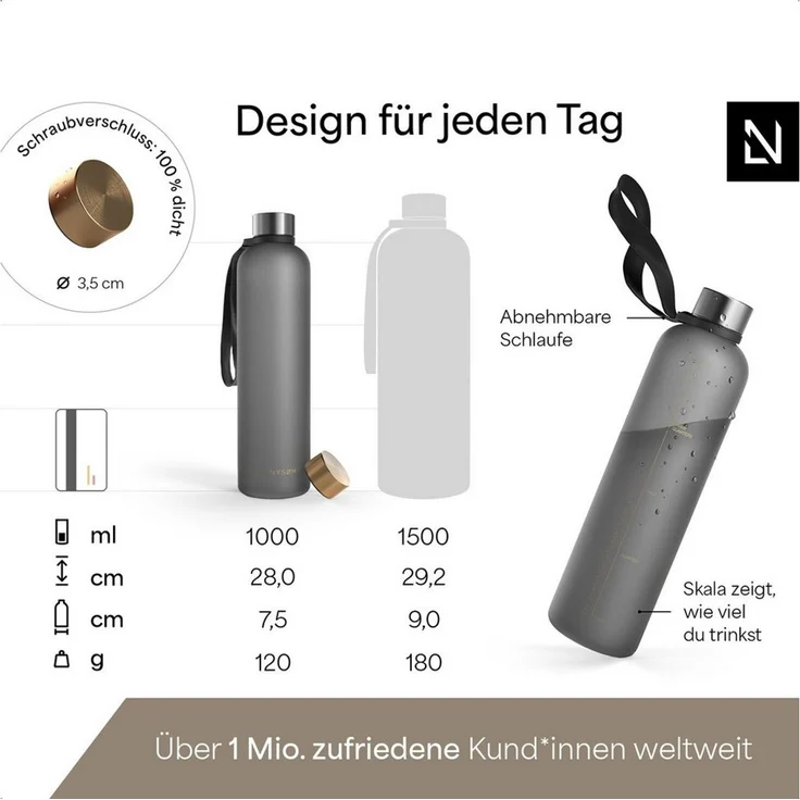 LARS NYSØM Trinkflasche Blæst, Trinkflasche mit Hydrationsskala und Trageschlaufe – Bild 4
