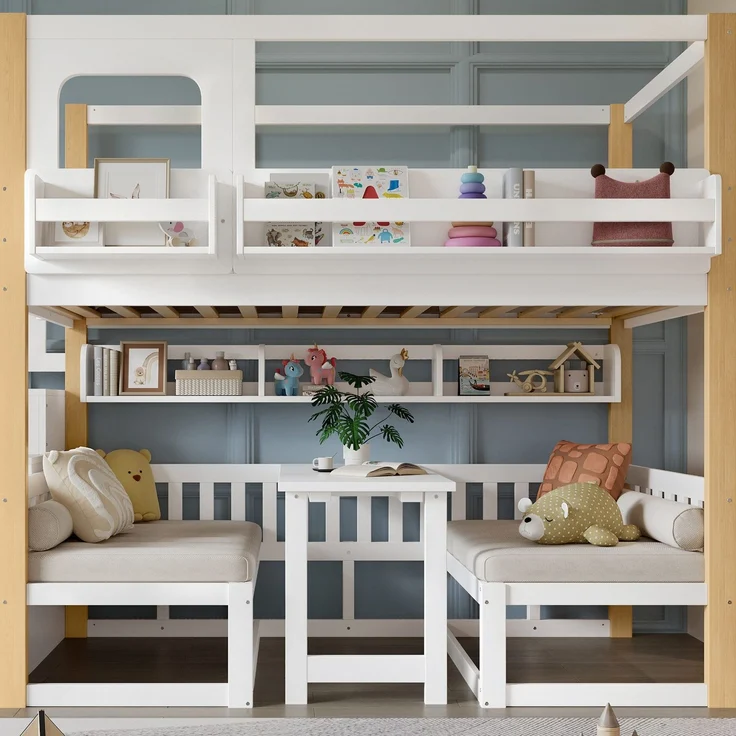 Etagenbett mit 2 Liegeflächen, Treppe, Tisch, Regalen, Rausfallschutz, 90x200cm, Liegefläche umbaubar zur Sitzgruppe, Kinderbett, Kiefer – Bild 5