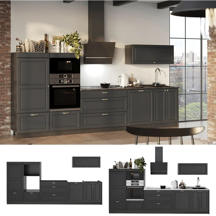 Küchenzeile Fame-Line Anthrazit-Gold Landhaus/Anthrazit 340 cm ohne Arbeitsplatte Vicco – Bild 4