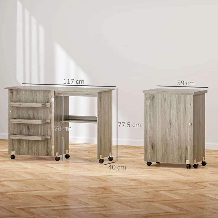 Wohnora-Klappbarer Nähtisch, Nähschrank mit Klappplatten, Aufbewahrungsboxen, offenem Regal und grauen Rollen in Holzoptik,H 775cm x T 1170cm x B 400cm,Grau – Bild 5