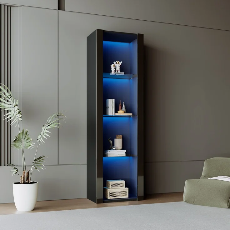 Merax Schwarzer Hochglanz-Vitrinenschrank mit LED-Beleuchtung, 3 Glasfächer, 55*38*166cm, Vitrine, Stehschrank, Hochschrank, Lagerschrank – Bild 10