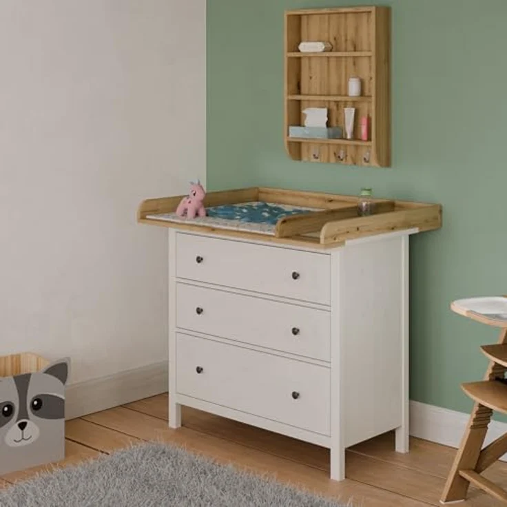 regalik Wickeltischaufsatz mit Teilung für IKEA MALM, Wickelkommoden-Aufsatz mit Trennfach, 48 cm Tiefe, abnehmbar, mit abgerundeter Front, für Wickeltisch oder Wickelkommode, Eiche, 80 × 72 cm – Bild 4