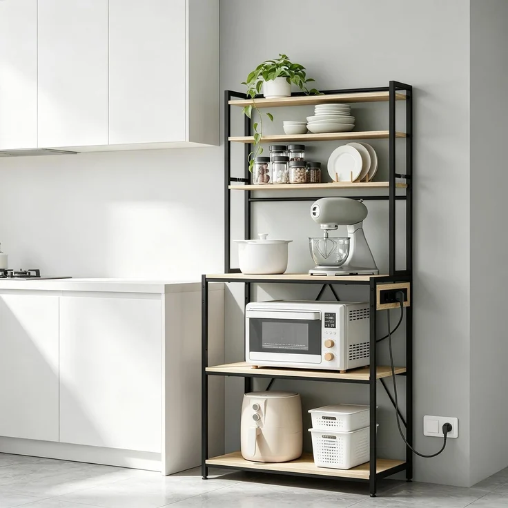 Moderner Stil Display-Regal,Coffee Bar Station,Küchenregal mit Steckdosen,Küchenkomode,Mini Küche Arbeitsstation--Helles Eichenholz--40x80x167cm--YOUDENOVA – Bild 4