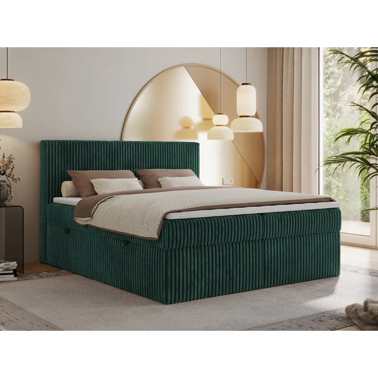 Boxspringbett mit Kopfteil und Topper T25, Cord Bett - TILIANO - 160 x 200 cm - Dunkelgrün Cord - H4 – Bild 1