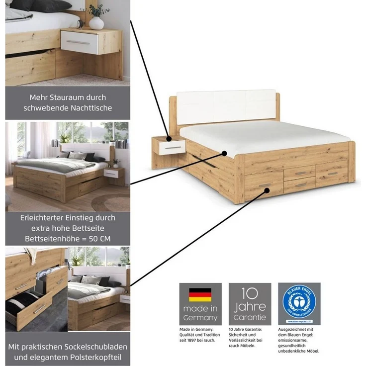 rauch Schlafzimmer-Set Komplettschlafzimmer Stauraumbett Liegefläche 180x200 MADE IN GERMANY, (Set, 4-tlg, Schrank B/H/T: 271/210/54 cm, Nachttische und Schrank inkl. SOFT-CLOSE), Schrank mit 5 Schubladen, Bettanlage mit 8 Schubladen MADE IN GERMANY – Bild 3