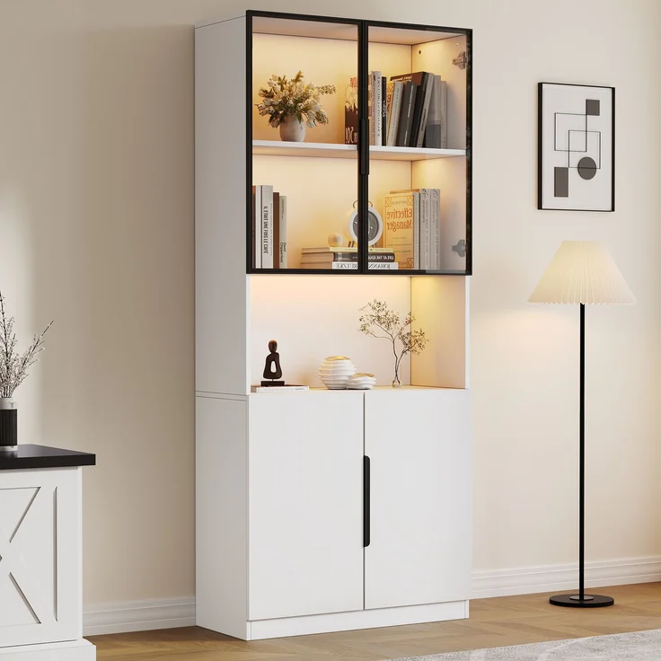 Moderne minimalistische Vitrine mit Glastüren, Vitrine mit LED-Leuchten, Bücherregal für Sammlerstücke, einstellbare Farbtemperatur und Helligkeit, weiße 80*30*200cm--Weiß--94.49x50.8x19.51cm--YOUDENOVA – Bild 2