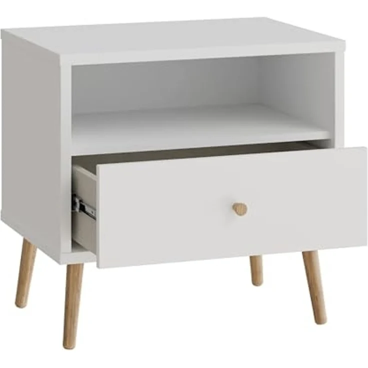 Forte HARLLSON Nachtschrank 60, Mid-Century-Modern Stil, leichte Montage Dank EasyKlix by Forte, 1 Schublade und 1 Ablage, Holzwerkstoff, Weiß, 59,8 cm breit x 57,7 cm hoch x 41,5 cm tief – Bild 6