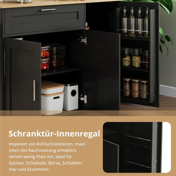 L132.5*B44(70)*H90cm großer mobiler Küchentisch, Arbeitsplatte klappbar, Eiche Maserung, multifunktionaler Schrank, Gewürzregal, Handtuchhalter, 5 Rollen, geeignet für Küche/Essen/Haus – Bild 5
