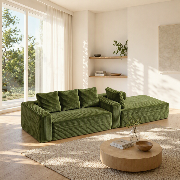 3-Sitzer Ecksofa B 261 x T 168 x H 58 cm aus grünem Cordstoff, modular – Bild 3
