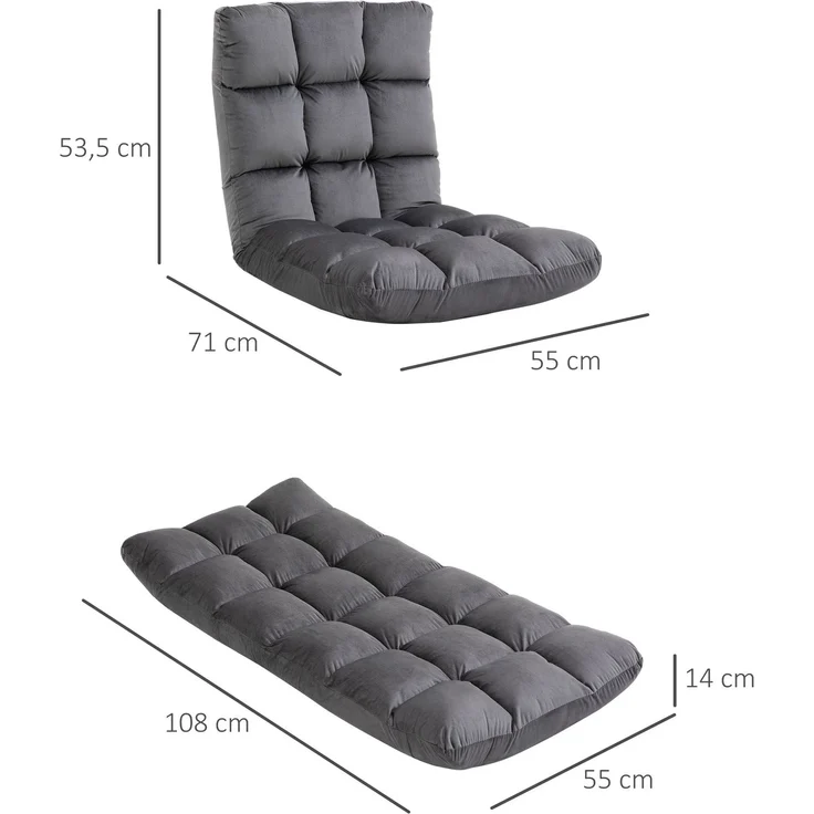 MELAYR, Sessel Gästematratze Bodensessel, verstellbare Rückenlehne, Velouroptik, 55 cm x 71 cm x 53.5 cm, Dunkelgrau – Bild 5