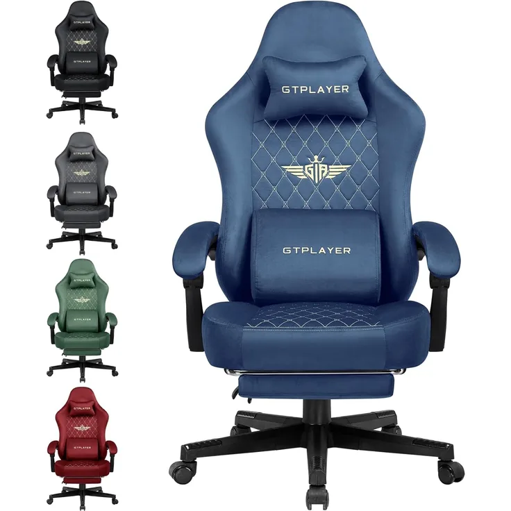 GTPLAYER Gaming-Stuhl, Stoff, Gaming-Stuhl, ergonomisch, Büro, PC, 150 kg, Verstellbarer und drehbarer Tischstuhl mit Feder-Sitzkissen und Fußstütze, Blau