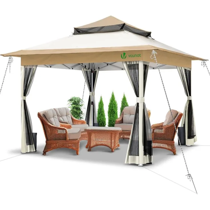 VOUNOT Pavillon Faltbar 3,6x3,6 m, Pop Up Partyzelt mit Mesh Sides & Doppeldach, Faltpavillon Stabil mit Bein Gewichte & Roller Bag, Gartenpavillon Gartenzelt Beige