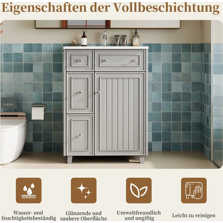 61×47×87cm, freistehender Badezimmerwaschtisch, lackierte Oberfläche, integriertes Keramikbecken, Soft-Close-Scharniere, eingebaute Regale in den Schranktüren, runde Griffe, hohes Fußdesign, grau. – Bild 8