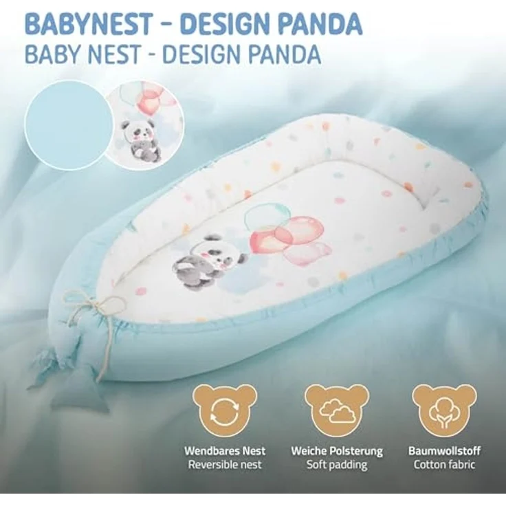 Joyz Babynest, Panda Hellblau, 90x50 cm, Baumwolle, zweiseitig, antiallergisch, tragbar, Multifunktionale Babynestchen, Kokon für Babys & Säuglinge, Baby Nest Babybett Neugeborene Kuschelnest Reisebett – Bild 2