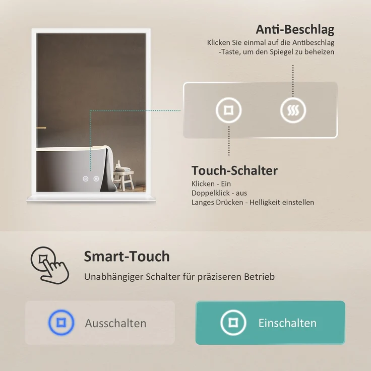 EMKE Badspiegel mit Ablage, Spiegel mit Beleuchtung Beschlagfrei Lichtspiegel Wandspiegel 50x70 cm mit Touch, Kaltweiß – Bild 2