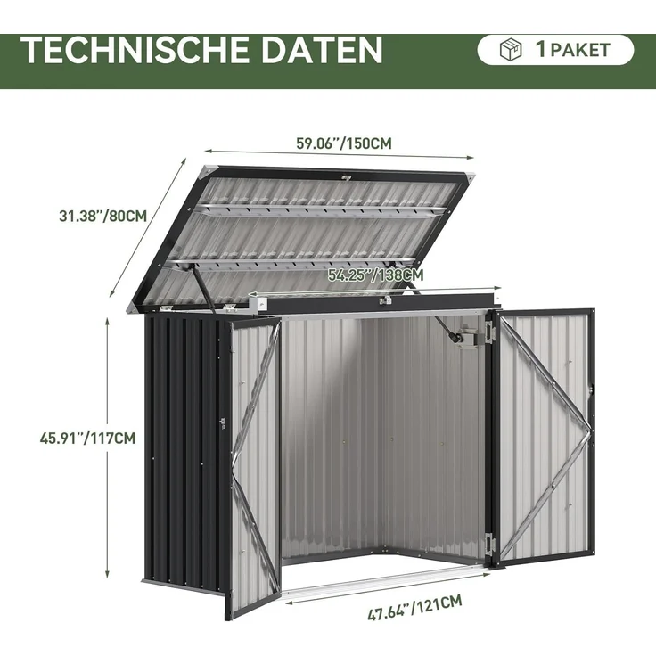 Aoxun 150x117x80cm Metall Gerätehaus, Mülltonnenbox für 2 Tonnen, Wetterfester Gartenschrank mit Kettenzug-Deckel & Gasdruckfeder, zu öffnende Front- & Top-Türen, Schwarz – Bild 2