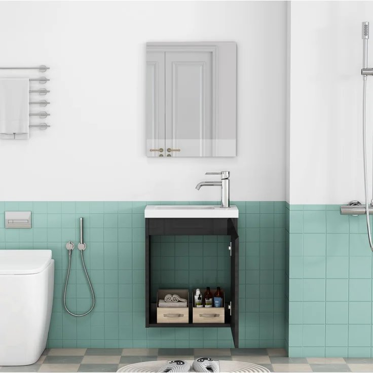 Badezimmerschrank mit Keramikwaschbecken und Spiegel, wandmontiert, 39,8x24,8x48 cm, Schwarz – Bild 2