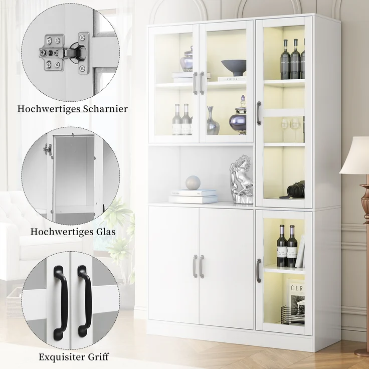 Bücherregal-Vitrine, mit LED-Licht, 4 Acryl- & 2 Holztüren, 9 Fächer, 120x40x200 cm, Weiß – Bild 5