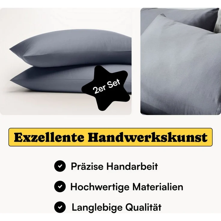 Seralino Seitenschläferkissenbezug Mako Satin Kissenbezug (100% Bio Baumwolle) weich, hautfreundlich, (2 Stück), Fairtrade/ GOTS zertifizierte uni Kissenhülle mit Reißverschluss – Bild 2