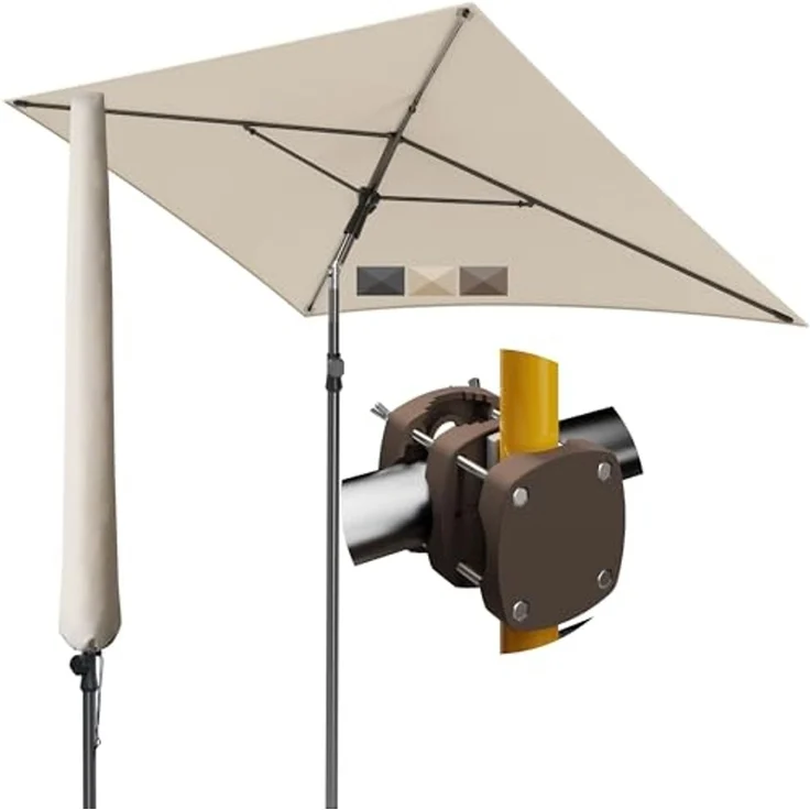 Menz Sonnenschirm Balkon - 3-IN-1 Sonnenschutz Balkon SET in Beige, UPF 50+ Sonnenschirm rechteckig 200x125 cm + kompakter Sonnenschirmhalter Balkongeländer + Sonnenschirmhülle – Bild 1