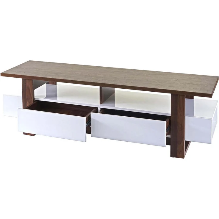 MCW TV-Rack B51, Walnuss und Weiß Hochglanz, mit Push-to-open Funktion, 2 Staufächern und 2 Schubladen, 150x45x45 cm