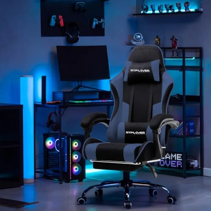 GTPLAYER Gaming Stuhl, Bürostuhl, Ergonomischer Pc Stuhl, Gaming Sessel mit Massagelendenwirbelstütze, Task Stühle mit Fußstütze und Kopfstütze, Blau Stoff – Bild 9