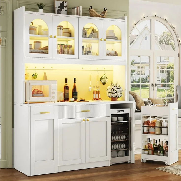 Odikalo Küchenbuffet Küchenschrank Buffetschrank mit LED Schublade und Roll-Ablagen (Hochküchenschrank 120cm mit RGB-LED, App-Steuerung, 3 Glasvitrinen, Schubkästen & beidseitigen Roll-Ablagen) 120*40*187cm(L x B x H) – Bild 1