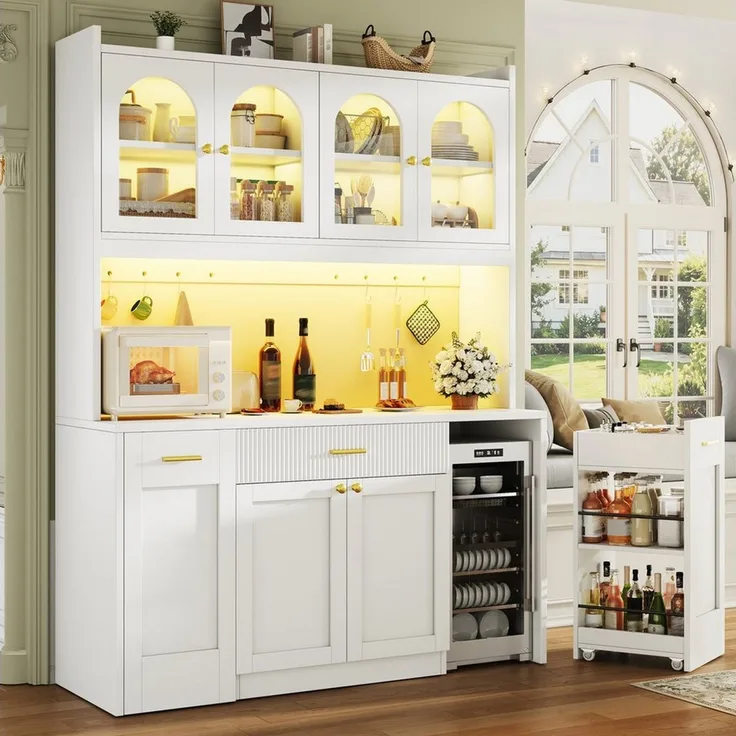 Odikalo Küchenbuffet Küchenschrank Buffetschrank mit LED Schublade und Roll-Ablagen (Hochküchenschrank 120cm mit RGB-LED, App-Steuerung, 3 Glasvitrinen, Schubkästen & beidseitigen Roll-Ablagen) 120*40*187cm(L x B x H)