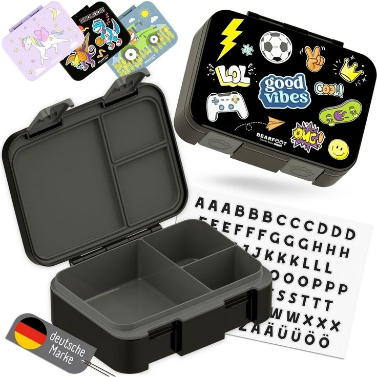 BEARFOOT Lunchbox Brotdose mit Fächern, leicht & auslaufsicher - Sticker schwarz, PP, ABS, Silikon, Kindergarten und Schule - Mädchen und Jungen, Vesperbox, Snackbox – Bild 1