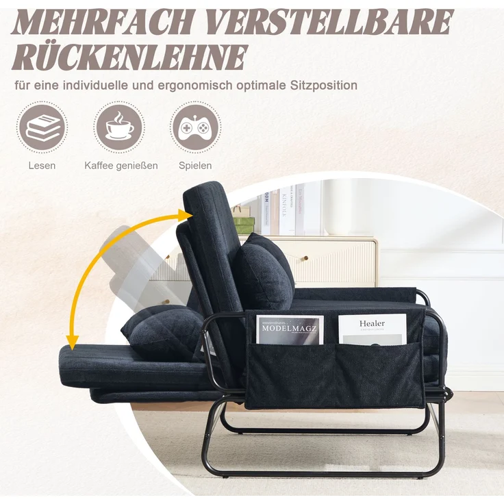 ZUBALIYA Schlafsofa 85x92 cm, mit Stauraum, mit Chenille - Bezug, mit breiten Armlehnen, mit Schaumstoffpolsterung, Schwarz – Bild 2