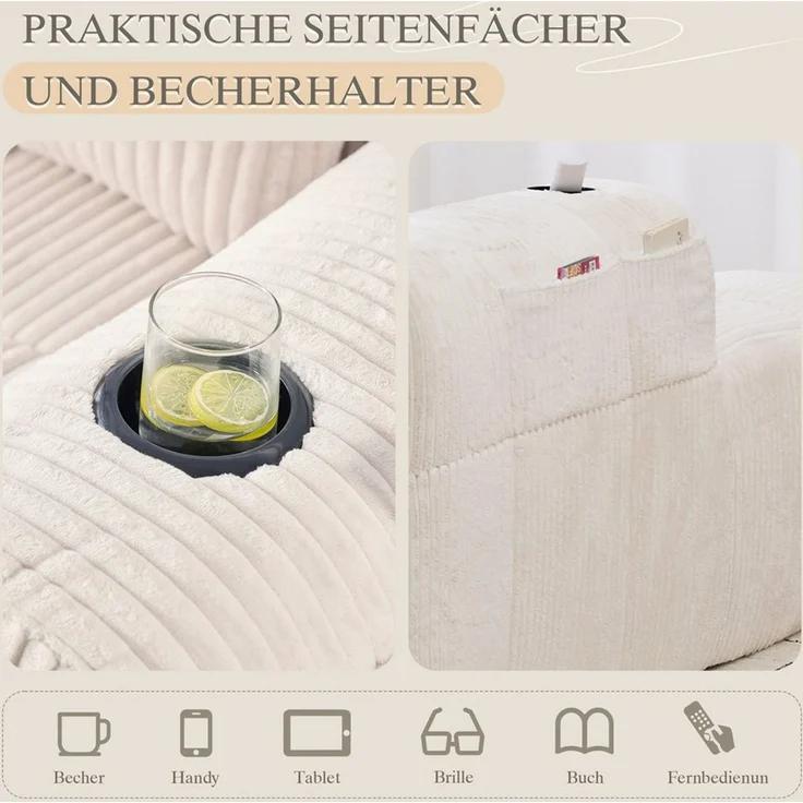 MODFU Sofa Cord-Kompaktsofa, mit Sofa, Rückenkissen, integrierter Getränkehalter & seitlicher Aufbewahrungstasche – Bild 4