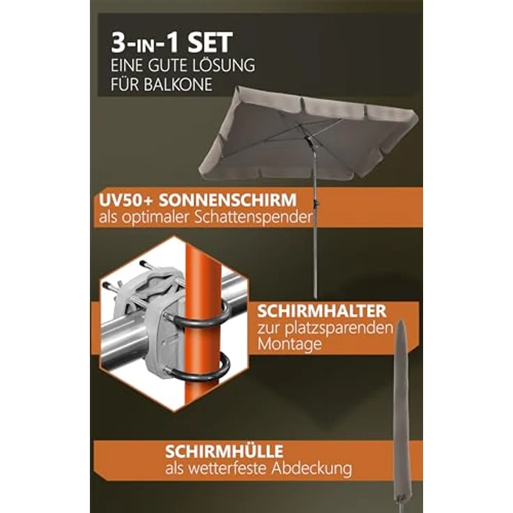4smile Sonnenschirm Balkon SunnyShade - Sonnenschutz Balkon 3-in-1 SET, Taupe - UPF 50+ Sonnenschirm rechteckig 200x125 cm + Sonnenschirmhalter Balkongeländer + Sonnenschirm-Schutzhülle – Bild 7
