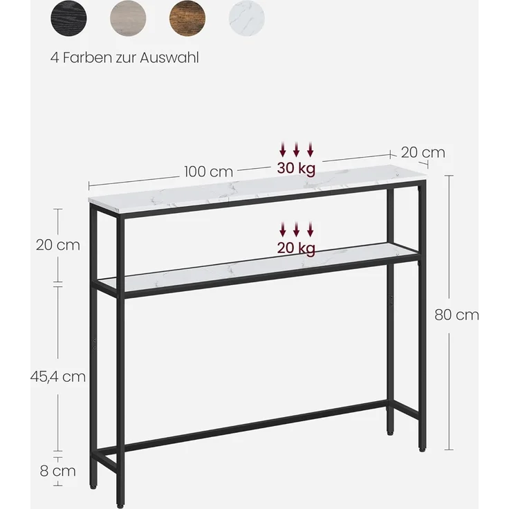 VASAGLE Konsolentisch, schmaler Sofatisch mit 2 Ablagen, 20 x 100 x 80 cm, Flurtisch, 2 Ebenen, für Flur, Wohnzimmer, Schlafzimmer, marmorweiß-tintenschwarz LNT131W59 – Bild 3