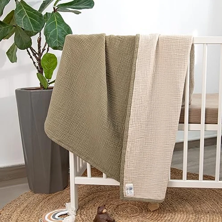 Lulu moon Musselin-Babydecke – Baumwoll-Steppdecke für Kleinkinder – wendbare Kinderbettdecke für Babys, Jungen und Mädchen, 120x120 cm (Olive) – Bild 4