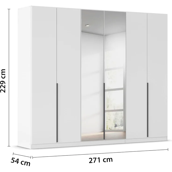 Rauch Möbel Alabama, Kleiderschrank, Garderobenschrank, 6-türig, Spiegel, Zubehör Basic, 3 Kleiderstangen, 6 Einlegeböden, Farbe Weiß, Griff Grau metallic, 271 x 229 x 54 cm – Bild 3