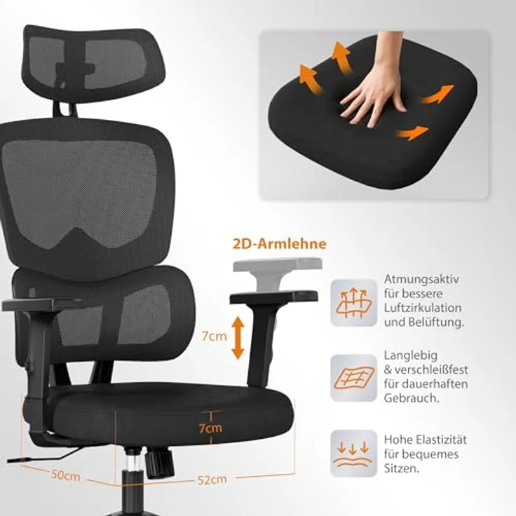 SENSE7 VENO Ergonomischer Bürostuhl – Atmungsaktive Netzlehne, Verstellbare Kopfstütze & Armlehnen, Leise Gummirollen, Modernes Design, Komfort für 190 cm & 120 kg Nutzer – Bild 6