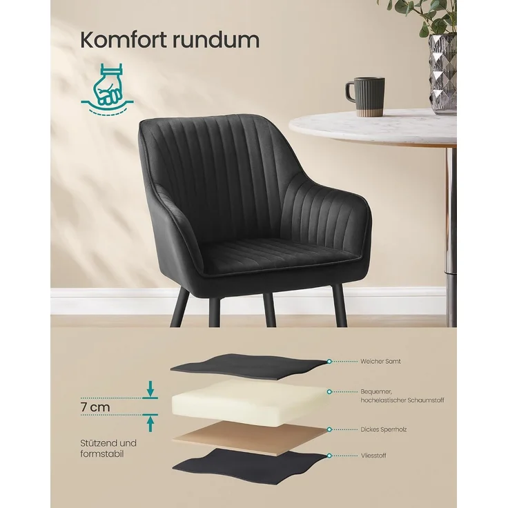 SONGMICS Esszimmerstuhl mit Armlehnen, Samt, 62,5 x 60 x 85 cm, 1x Armlehnenstuhl, Tintenschwarz – Bild 6