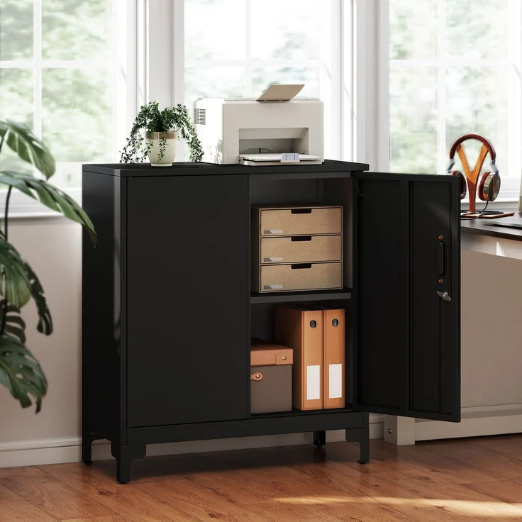Büroschrank aus Metall, verschließbare Türen, Bürokommode, 2-stufiges Design, Schwarz--Schwarz--91x35x80cm--YOUDENOVA – Bild 4