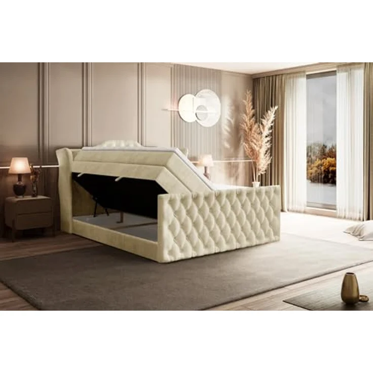ALTDECOR VILA-Z KING Boxspringbett 180x200 cm, Beige Samt, 2 Matratzen (H3, H4), Topper, Bettkasten und Lattenrost, Polsterbett mit Stauraum – Bild 6