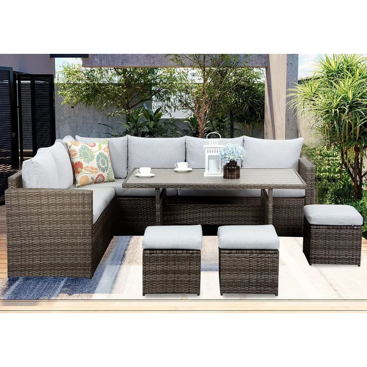 MeXo Loungeset Rattan Gartenmöbel Set 8 Personen Wetterfest, (Esstisch breit 132 x 76 x 67 cm, 7-tlg, Belastbarkeit pro Sitzplatz bis zu 140kg), Gartenlounge Set mit Esstisch, Verbreiterte Armlehne, Stahl/Polyrattan